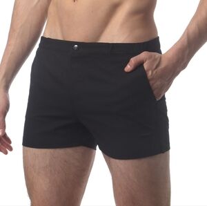 Parke Ronen Men's 4" Black Swimsuit Pockets Front zipper  Sz 30